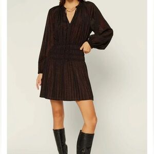 CURRENT AIR Pleated Mini Dress Long Sleeves Black Purple Shimmer Metallic size M